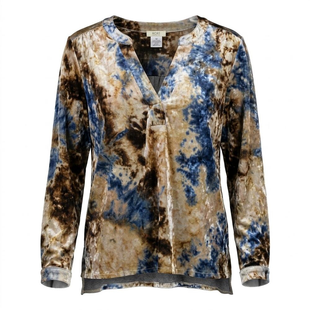Kori America Multicolor Abstract Crushed Velvet V-Neck Blouse Women Size M